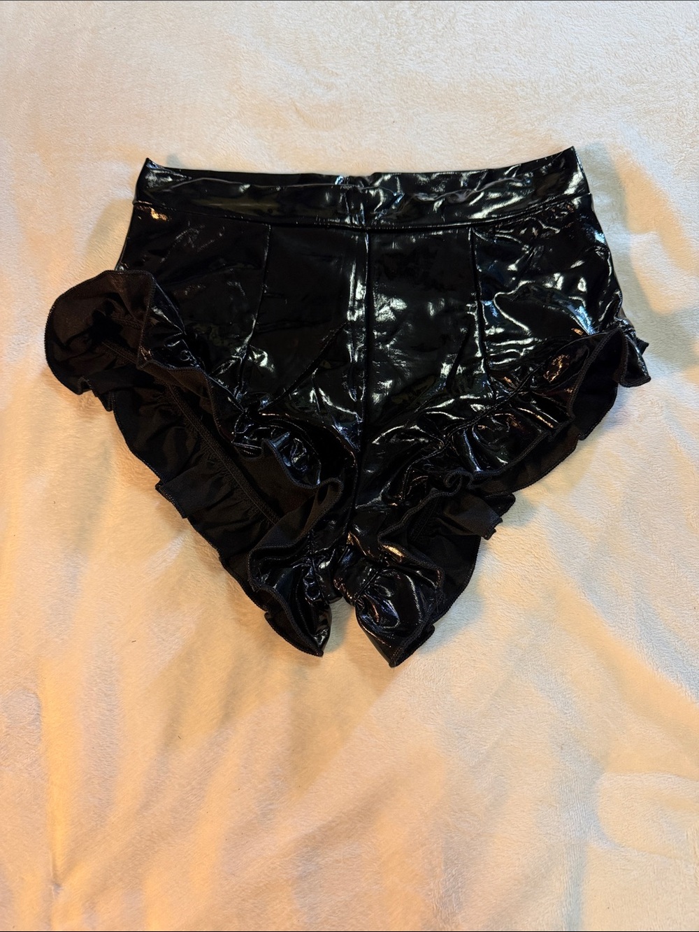 SHEIN Shiny Black High-Waist Ruffle Trim Shorts